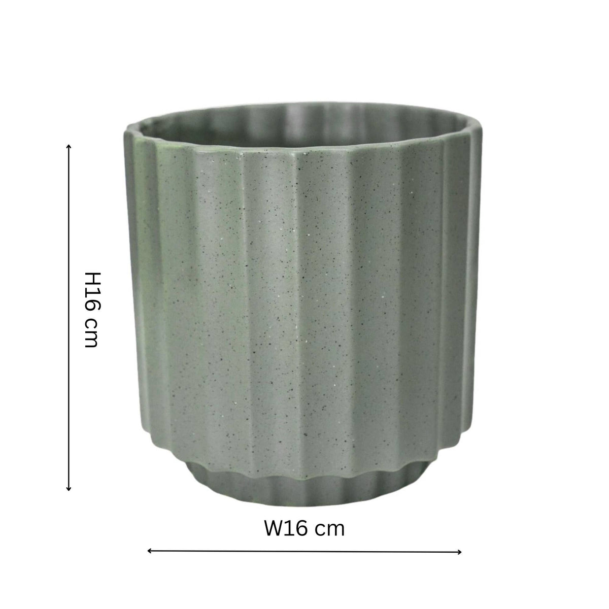 Decorative sage green ‘Bourton Scalloped’ planter with no drainage holes for indoor houseplants, cacti and succulents. 16cm in diameter. Foam pads on the base for protection.