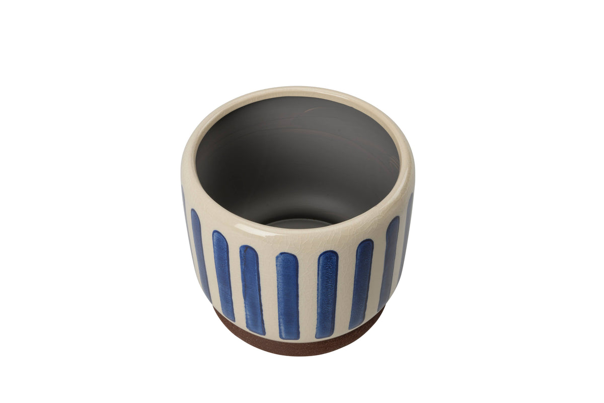 Decorative blue and white stripe pot with no drainage holes for indoor houseplants, cacti and succulents. 18cm on diameter. Foam pads on the base for protection.