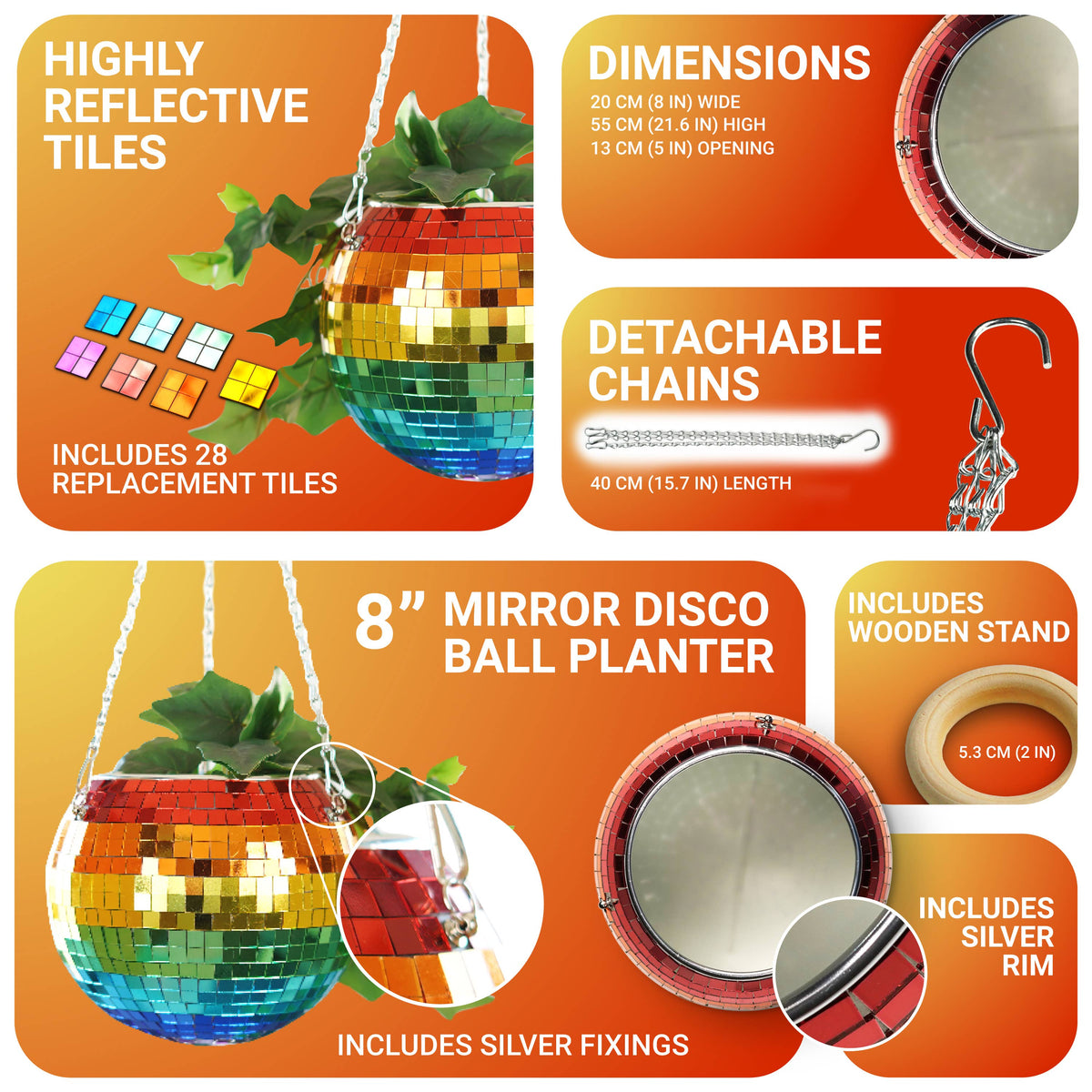 Disco ball hanging planter rainbow 8-inch from Urban Tropicana&