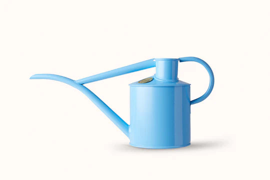 Haws Fazeley Flow Two Pint Sky Blue watering can in front of a white background