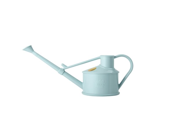 A 1 pint Haws Langley Sprinkler in duck egg blue against a white background.