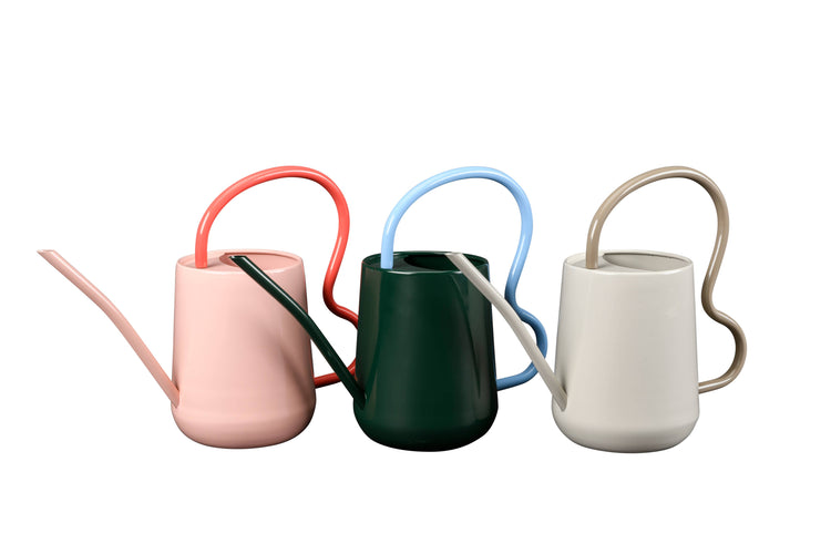 Pink and Red Indoor Watering Can. Scalloped handle and slender spout.