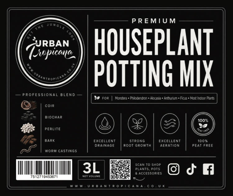 Black and white packaging label for Urban Tropicana Premium Houseplant Potting Mix, featuring product details, ingredient icons, and social media handles.