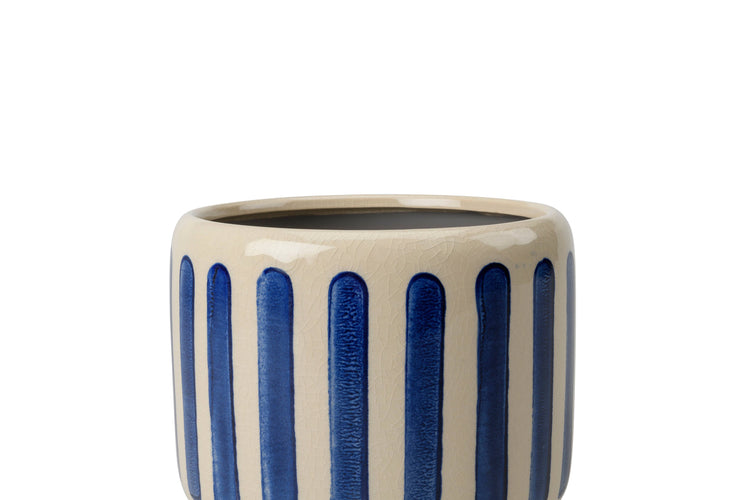 Decorative blue and white stripe pot with no drainage holes for indoor houseplants, cacti and succulents. 16cm on diameter. Foam pads on the base for protection. 