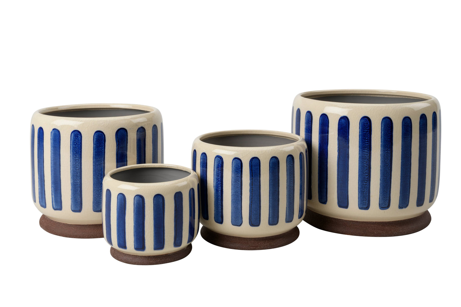 Decorative blue and white stripe pot with no drainage holes for indoor houseplants, cacti and succulents. 16cm on diameter. Foam pads on the base for protection. 