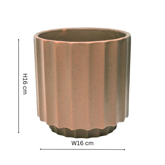 Decorative clay beige ‘Bourton Scalloped’ planter with no drainage holes for indoor houseplants, cacti and succulents. 16cm in diameter. Foam pads on the base for protection. 