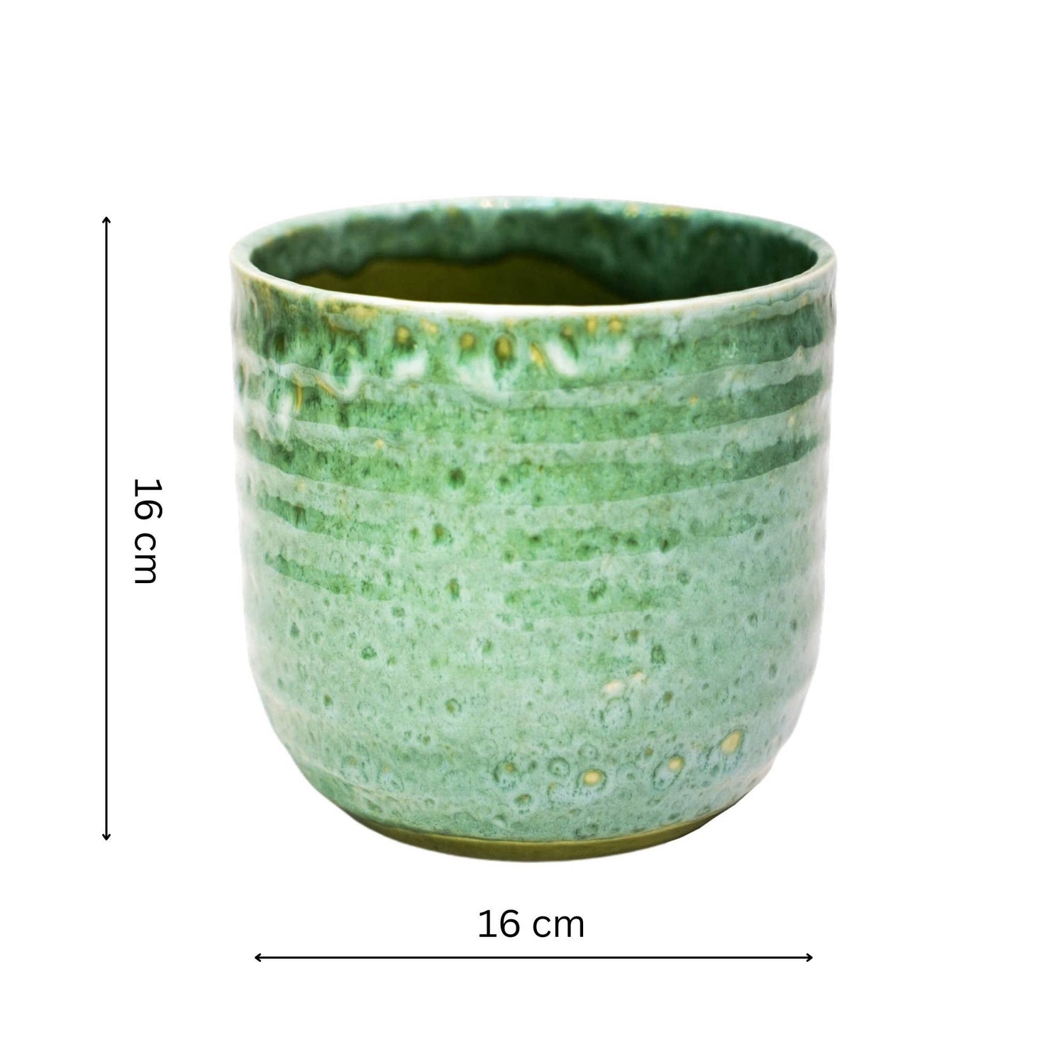 Decorative emerald green glazed plant pot for indoor houseplants and succulents. No drainage holes. 16cm diameter 