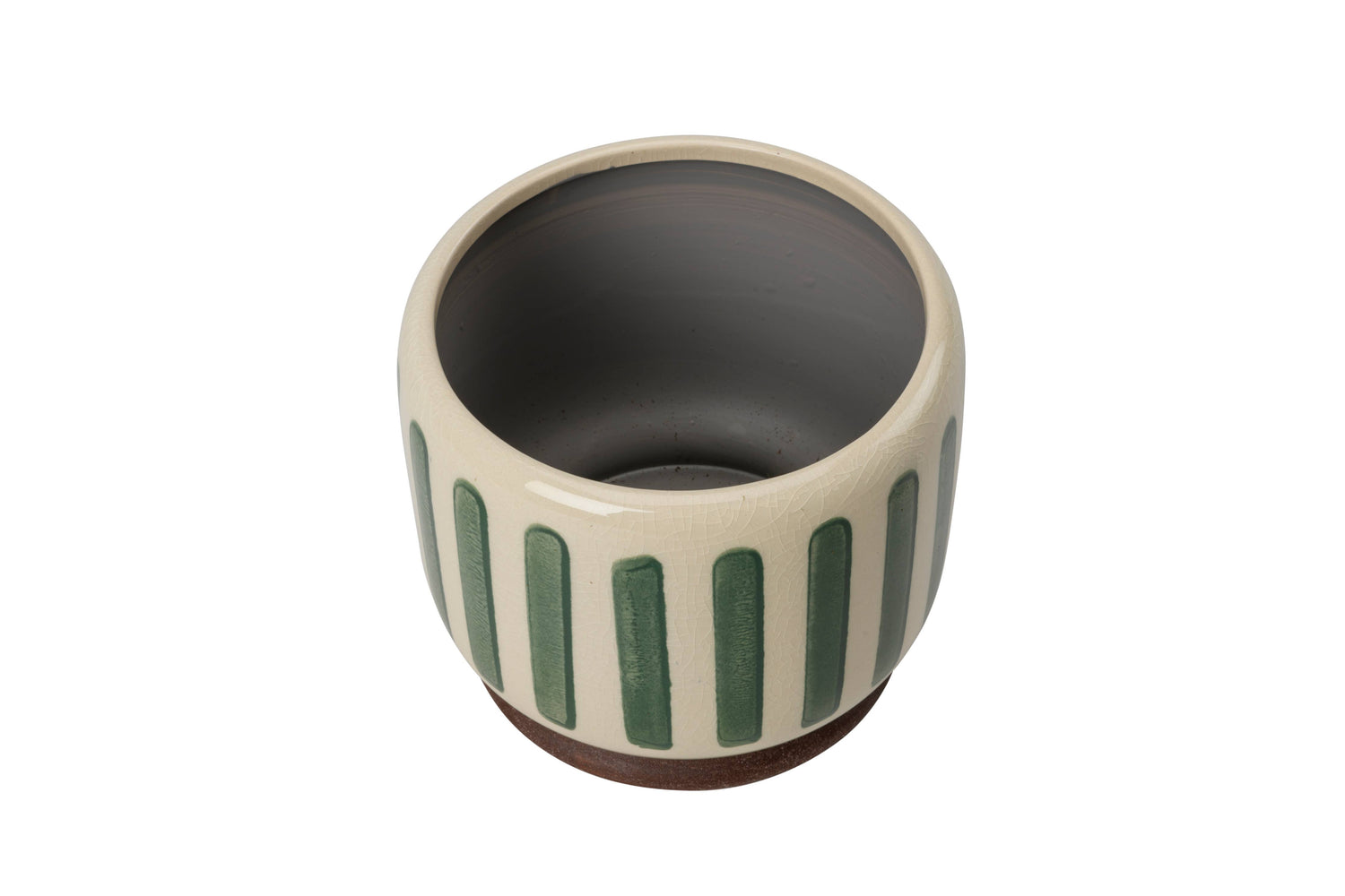 Decorative green stripe planter with no drainage holes for indoor houseplants, cacti and succulents. 16cm in diameter. 
