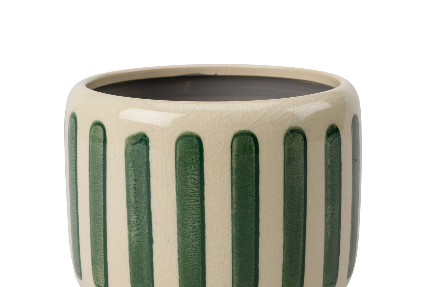 Decorative green stripe planter with no drainage holes for indoor houseplants, cacti and succulents. 16cm in diameter. 