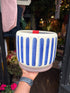 Decorative blue and white stripe pot with no drainage holes for indoor houseplants, cacti and succulents. 18cm on diameter. Foam pads on the base for protection. 