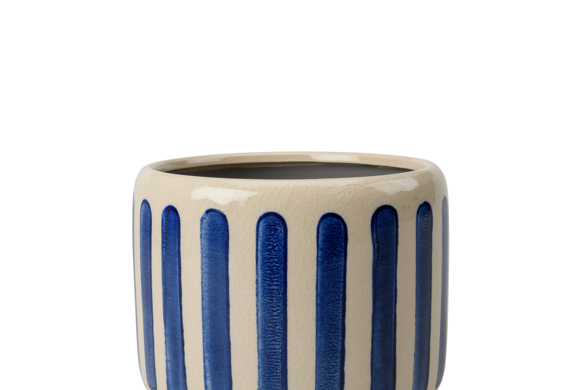 Decorative blue and white stripe pot with no drainage holes for indoor houseplants, cacti and succulents. 18cm on diameter. Foam pads on the base for protection. 