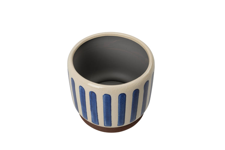 Decorative blue and white stripe pot with no drainage holes for indoor houseplants, cacti and succulents. 18cm on diameter. Foam pads on the base for protection. 
