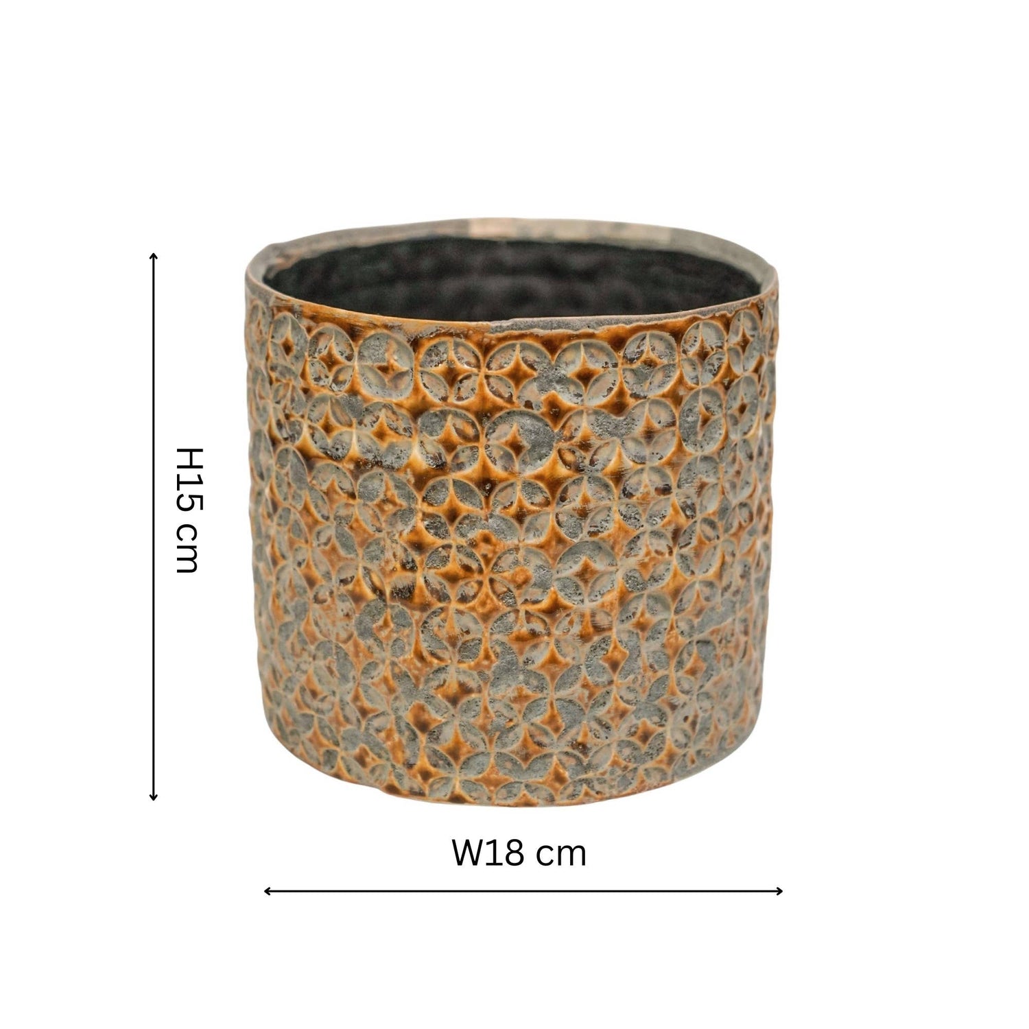 Decorative glazed and embossed finished mustard yellow pot with no drainage holes for indoor houseplants, cacti and succulents. With an 18cm diameter. 