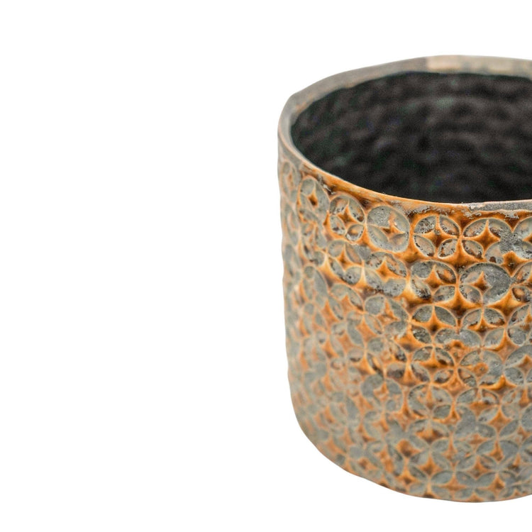 Decorative glazed and embossed finished mustard yellow pot with no drainage holes for indoor houseplants, cacti and succulents. With an 18cm diameter. 