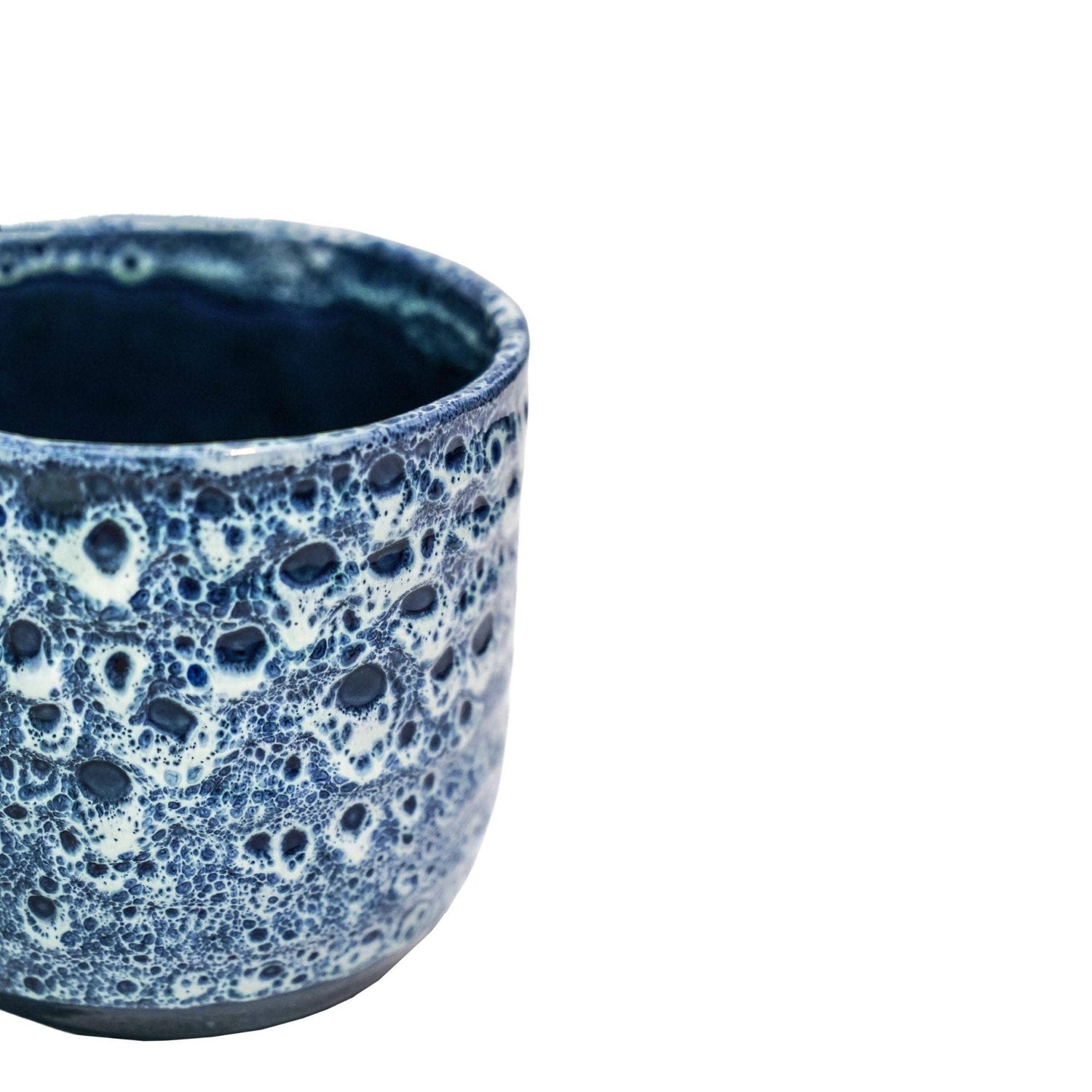 Decorative Sapphire blue reactive glazed pot with no drainage holes for indoor houseplants, cacti and succulents. 18cm on diameter. 
