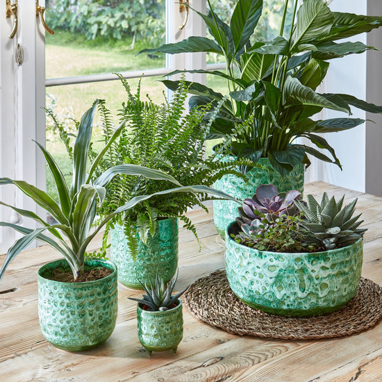 Decorative smooth emerald green reactive glazed pot with no drainage holes for indoor houseplants, cacti and succulents. 18cm on diameter. 