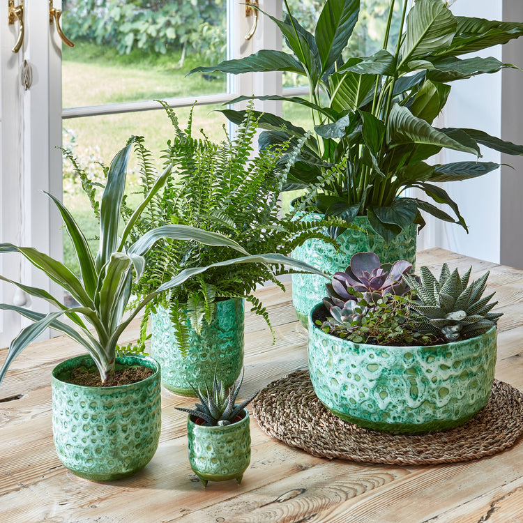Decorative smooth emerald green reactive glazed pot with no drainage holes for indoor houseplants, cacti and succulents. 18cm on diameter. 