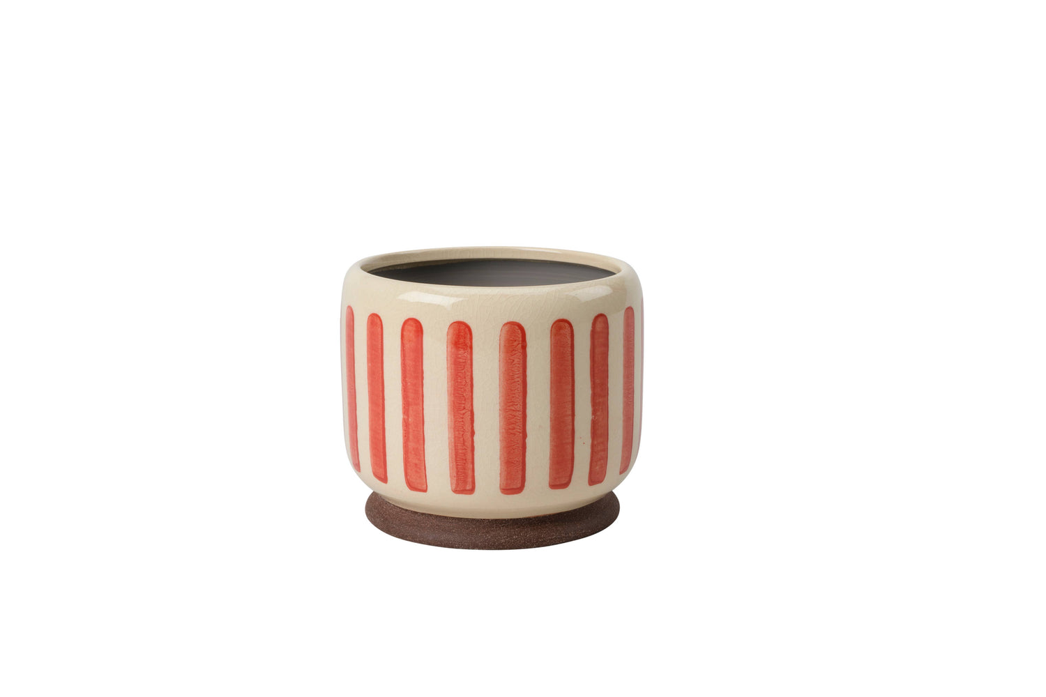 Decorative red and white stripe pot with no drainage holes for indoor houseplants, cacti and succulents. 18cm on diameter. Foam pads on the base for protection. 