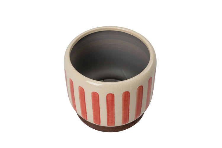 Decorative red and white stripe pot with no drainage holes for indoor houseplants, cacti and succulents. 18cm on diameter. Foam pads on the base for protection. 