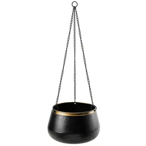 Steel Decorative hanging pot. In black with a gold strip with no drainage holes for indoor houseplants, cacti and succulents. With a 19.5cm diameter.