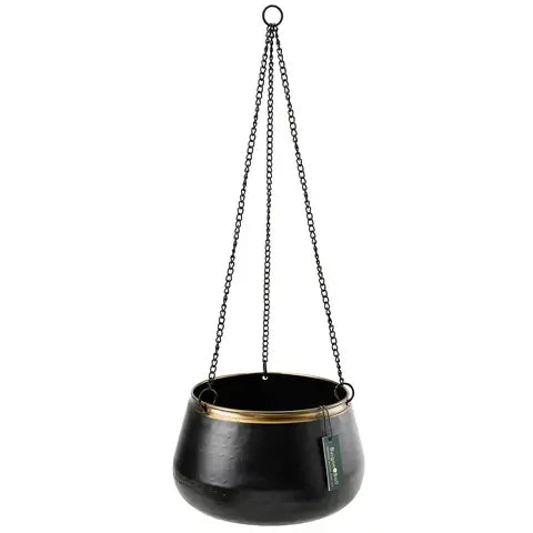 Steel Decorative hanging pot. In black with a gold strip with no drainage holes for indoor houseplants, cacti and succulents. With a 19.5cm diameter.
