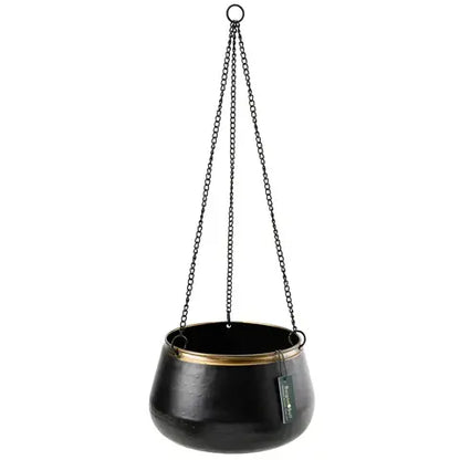Steel Decorative hanging pot. In black with a gold strip with no drainage holes for indoor houseplants, cacti and succulents. With a 19.5cm diameter.