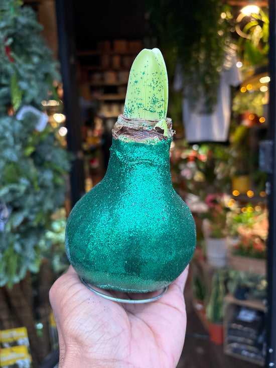 Green glittery Christmas ornament held by a hand 