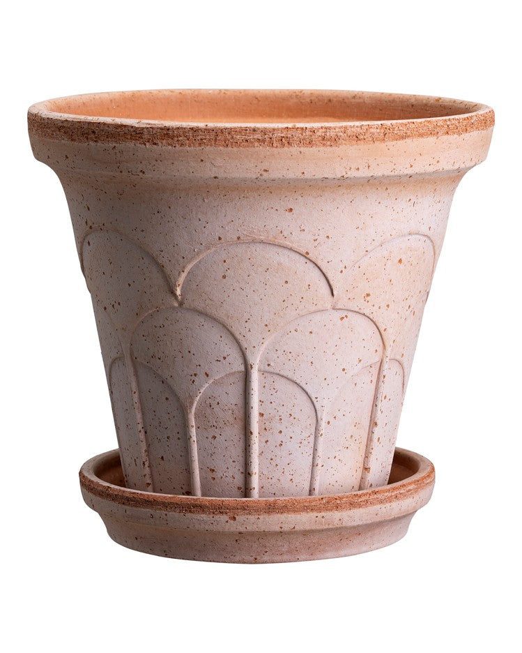Ceramic planter with decorative design on a white background