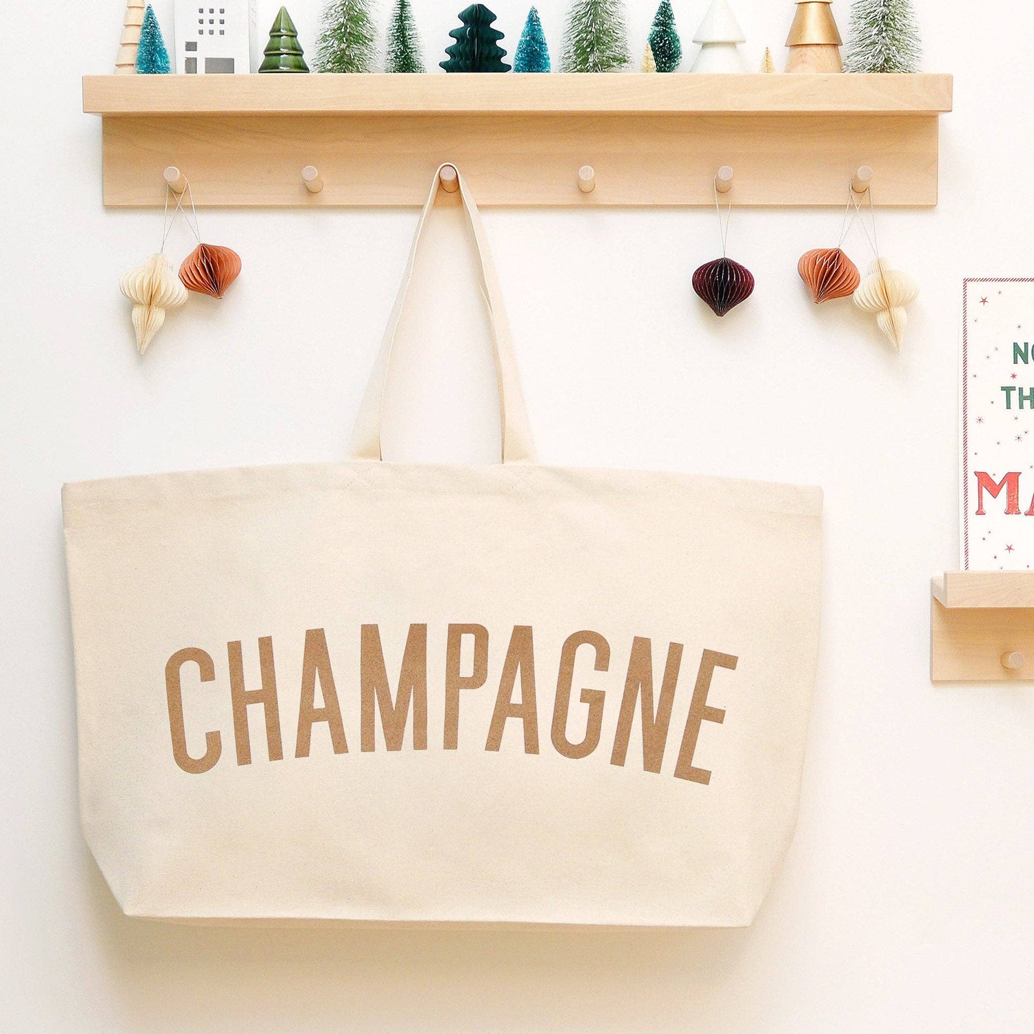 Natural Really Big Bag with ‘Champagne’ Text on a White Background