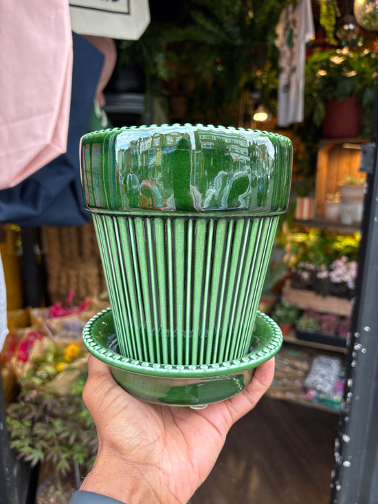 Bergs Potter | Simona | Glazed Emerald Green Pot & Saucer