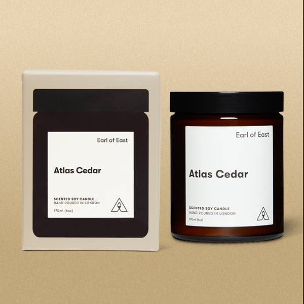 Soy wax candle from East of Eden. Hand Poured in London. Atlas Cedar scent with cedar wood, olive leaf, white musk. 