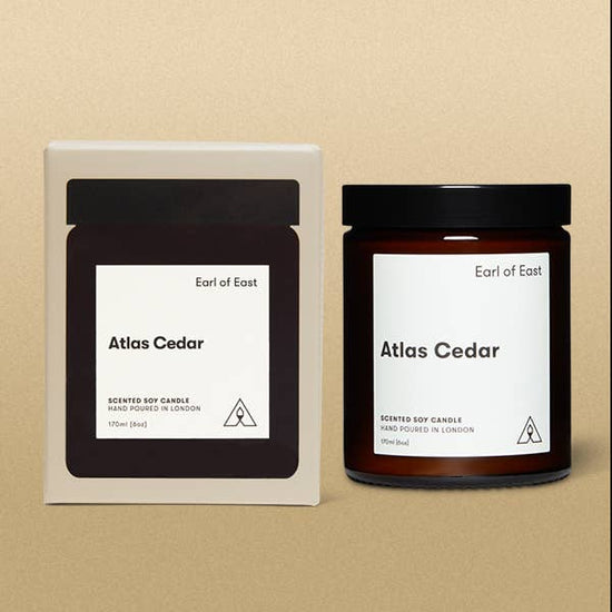 Soy wax candle from East of Eden. Hand Poured in London. Atlas Cedar scent with cedar wood, olive leaf, white musk. 