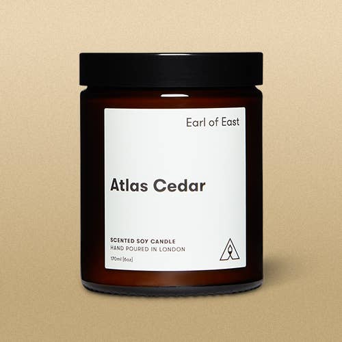 Soy wax candle from East of Eden. Hand Poured in London. Atlas Cedar scent with cedar wood, olive leaf, white musk. 