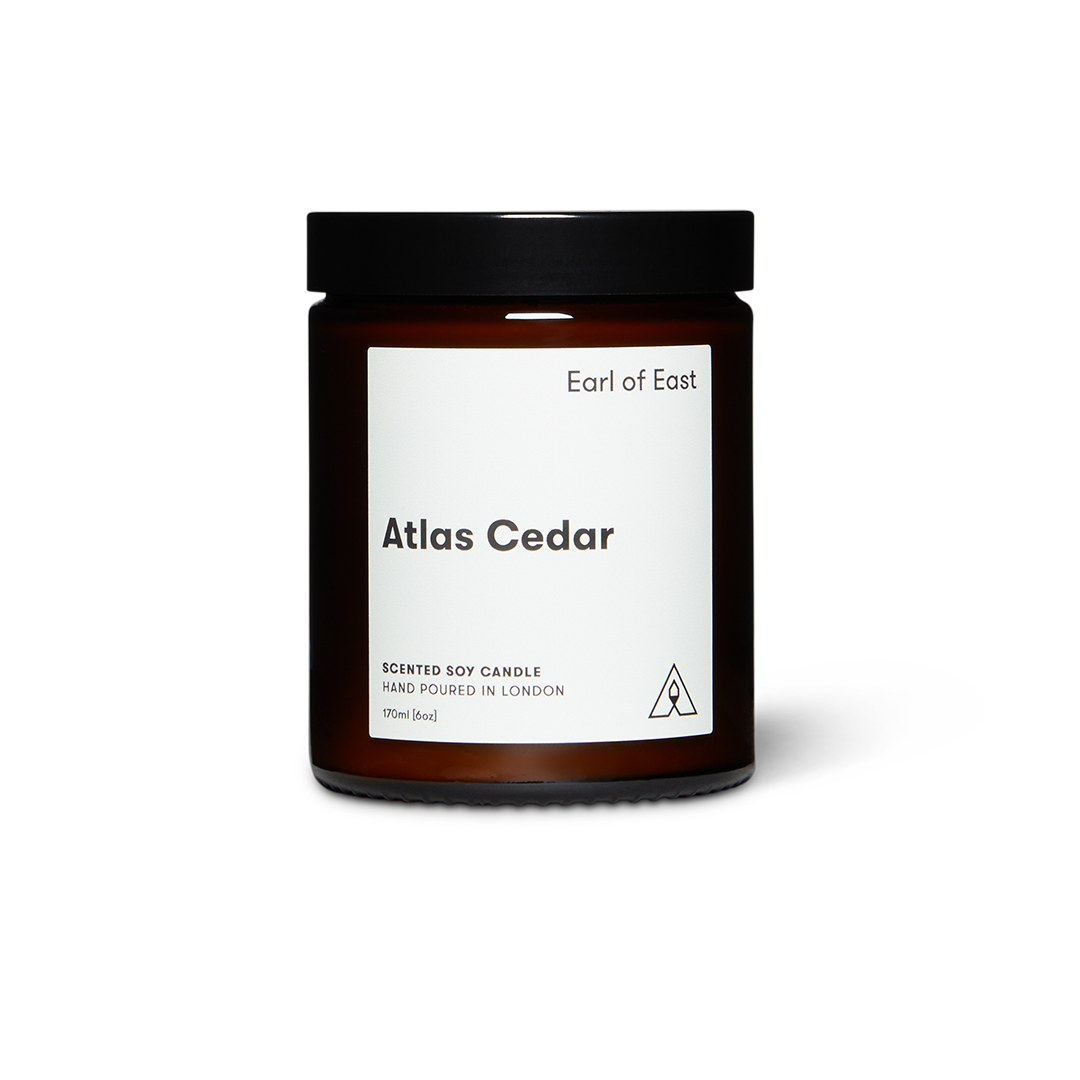 Soy wax candle from East of Eden. Hand Poured in London. Atlas Cedar scent with cedar wood, olive leaf, white musk. 