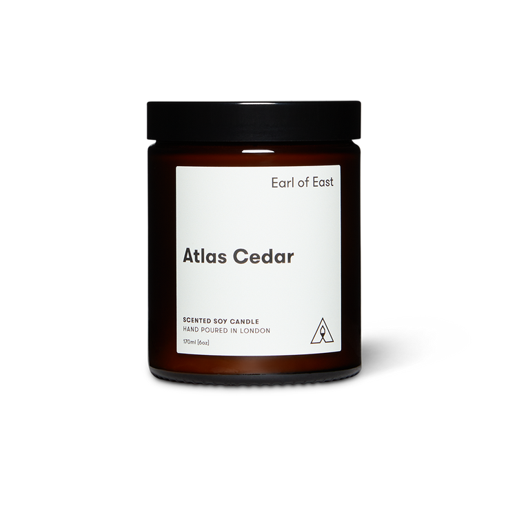 Soy wax candle from East of Eden. Hand Poured in London. Atlas Cedar scent with cedar wood, olive leaf, white musk. 
