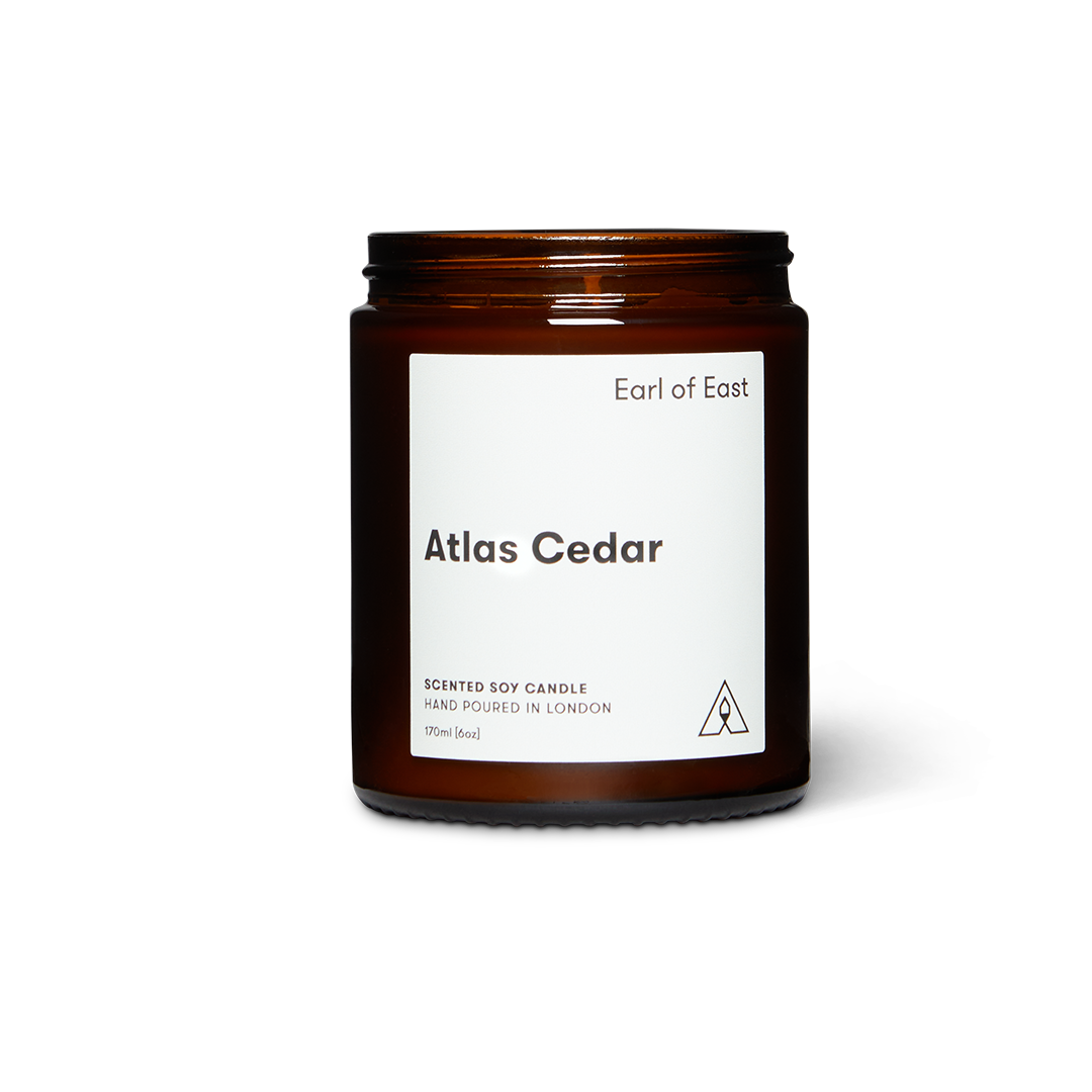 Soy wax candle from East of Eden. Hand Poured in London. Atlas Cedar scent with cedar wood, olive leaf, white musk. 