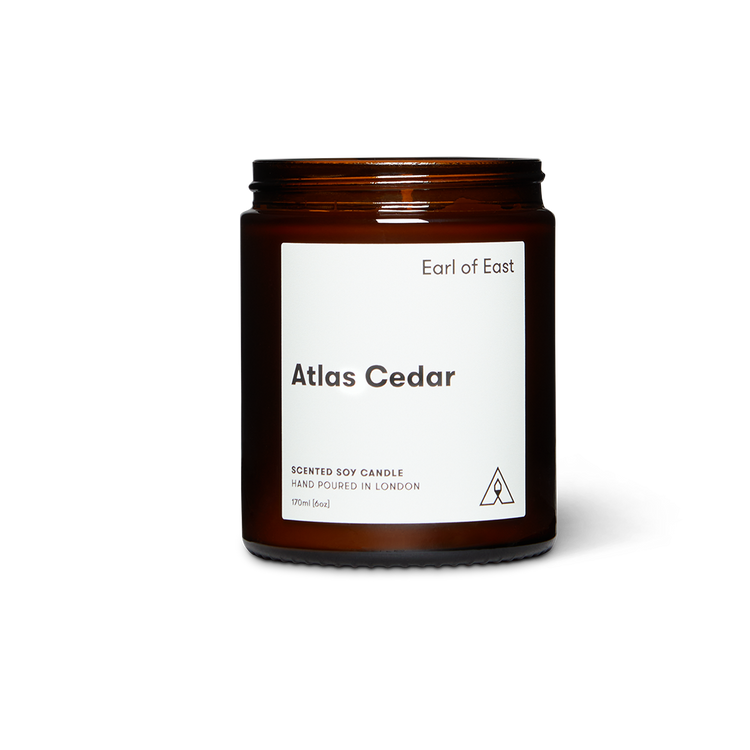 Soy wax candle from East of Eden. Hand Poured in London. Atlas Cedar scent with cedar wood, olive leaf, white musk. 
