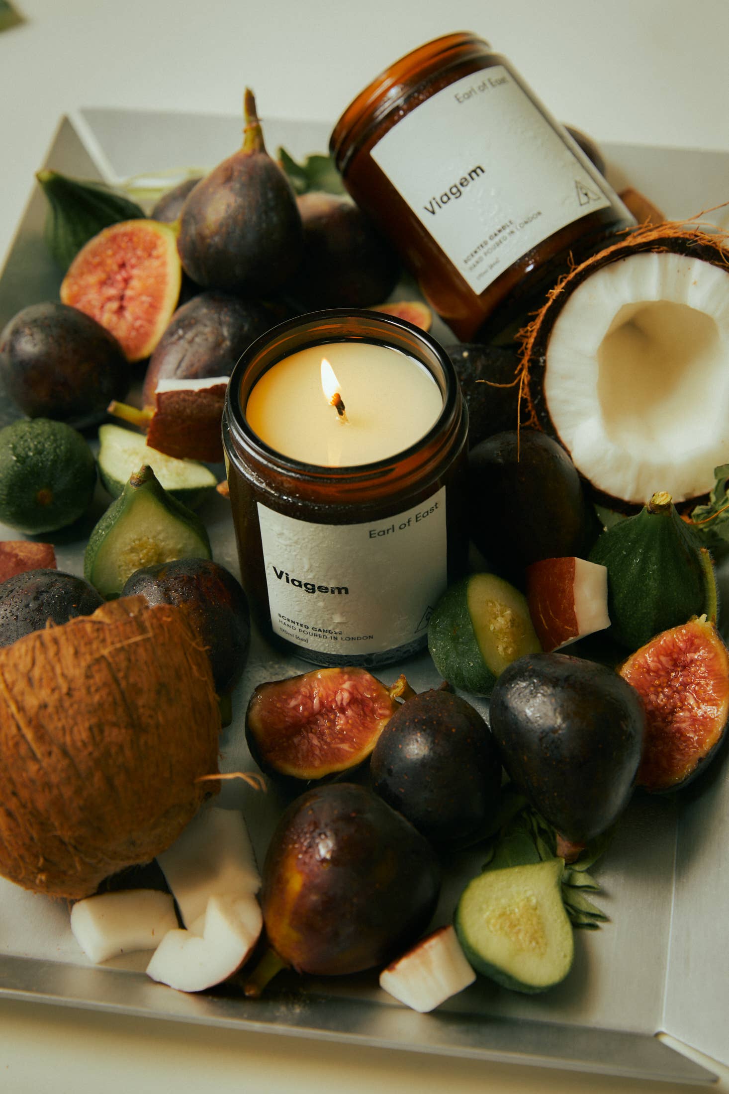 Soy wax candle from East of Eden. Hand Poured in London. Viagem scent with coconut, oregano, fig. 