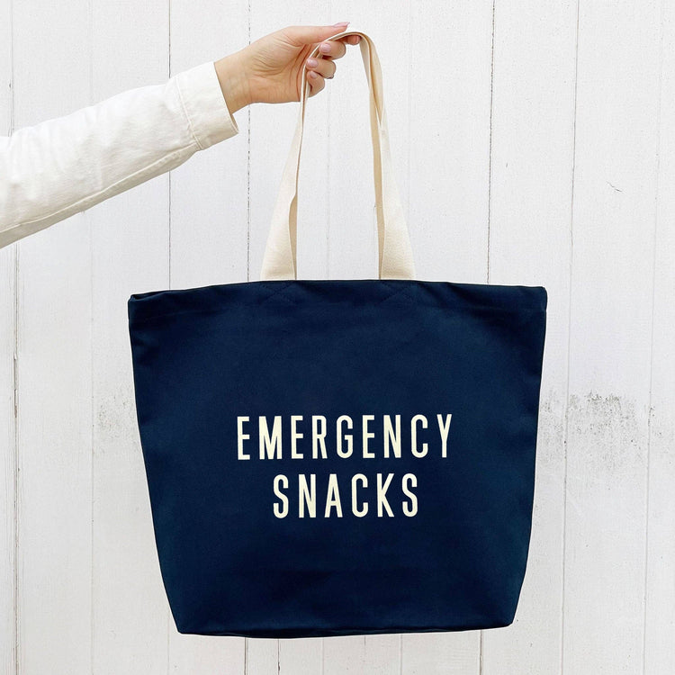 Canvas Tote Bag with ‘Emergency Snacks’ Text on a White Background