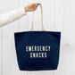 Canvas Tote Bag with ‘Emergency Snacks’ Text on a White Background