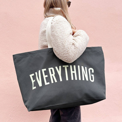 Grey Really Big Bag with ‘Everything’ Text on a Pink Background