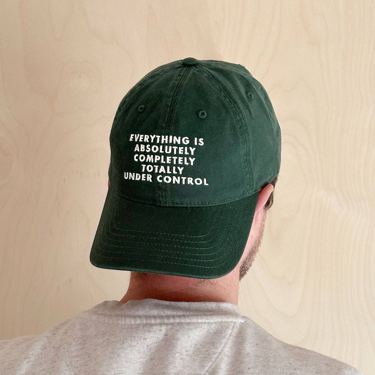 Person Wearing a Cotton Baseball Cap with ‘Everything is Under Control’ text on a white Background