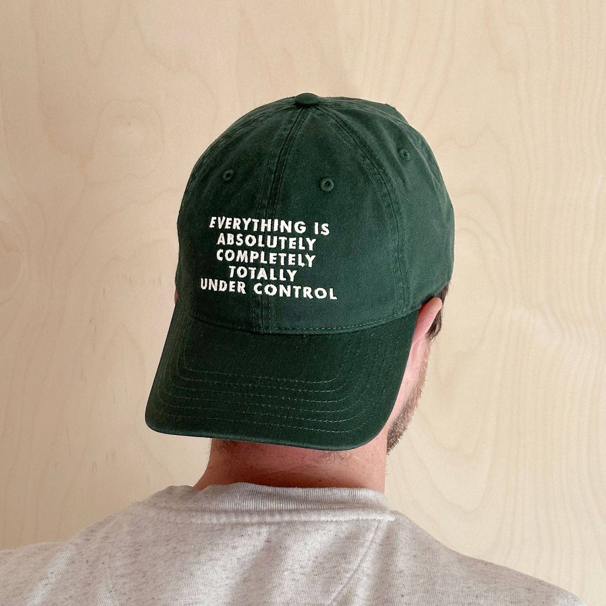Person Wearing a Cotton Baseball Cap with ‘Everything is Under Control’ text on a white Background