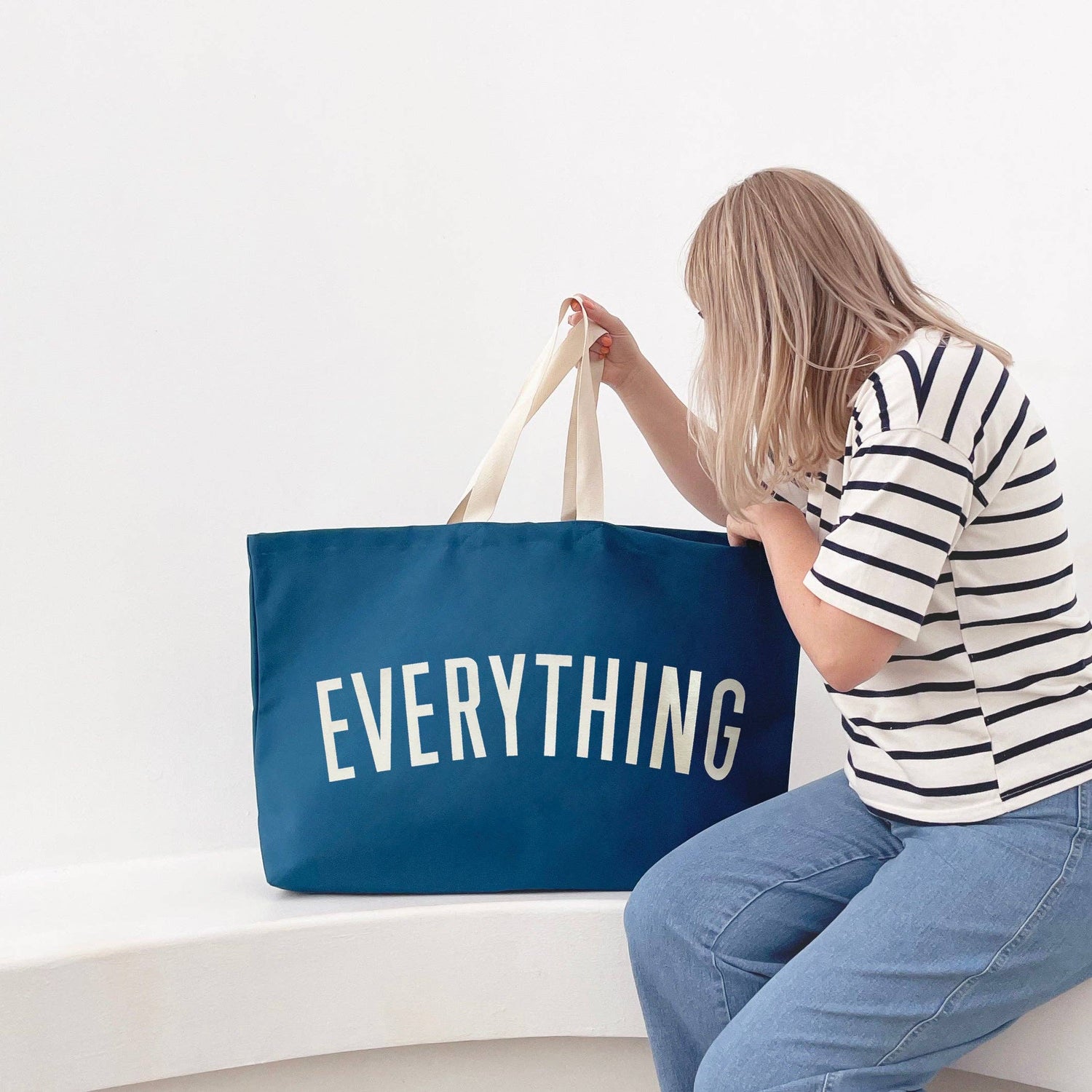Ocean Blue Really Big Bag with ‘Everything’ Text on a White Background