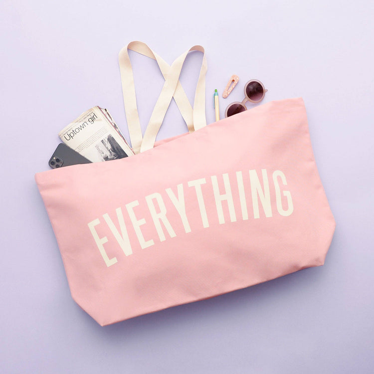 Pink Really Big Bag with ‘Everything’ Text on a Blue Background