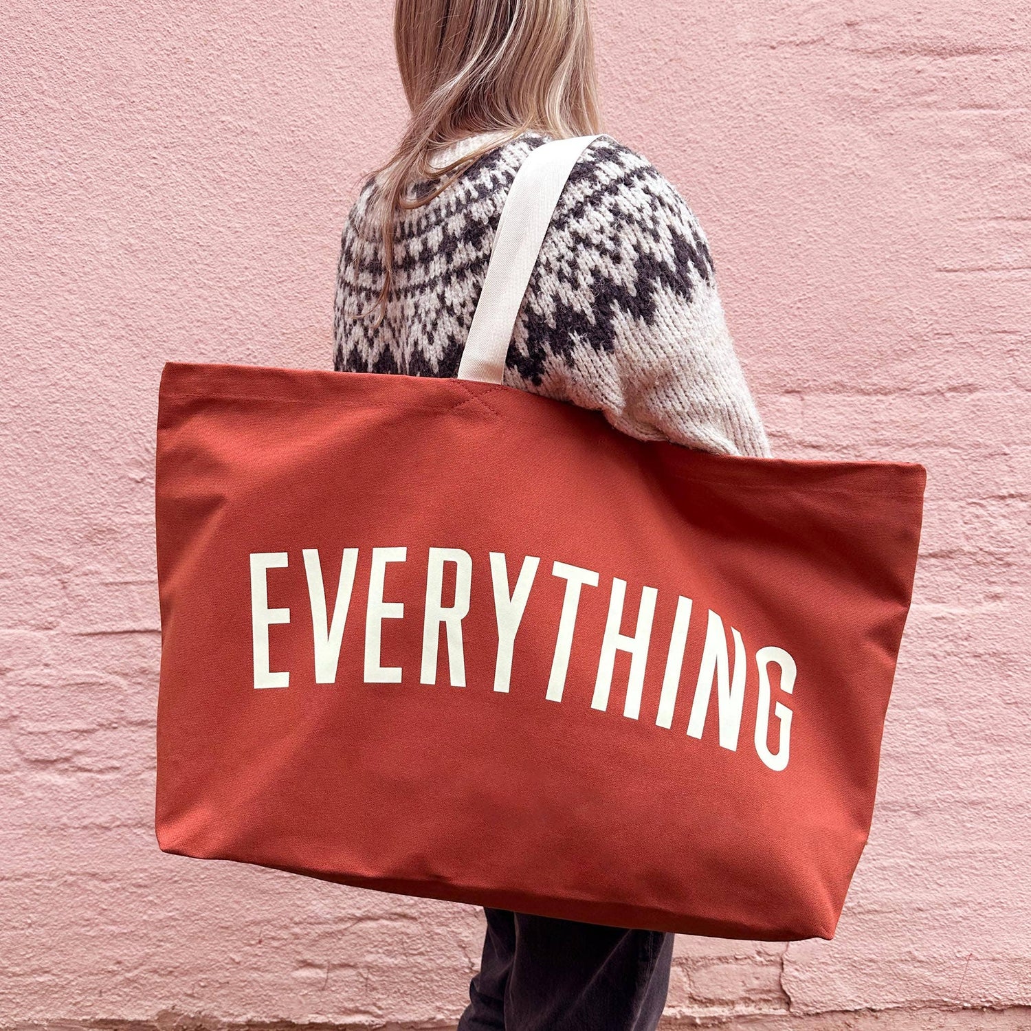 Rust Really Big Bag with ‘Everything’ Text on a Pink Background