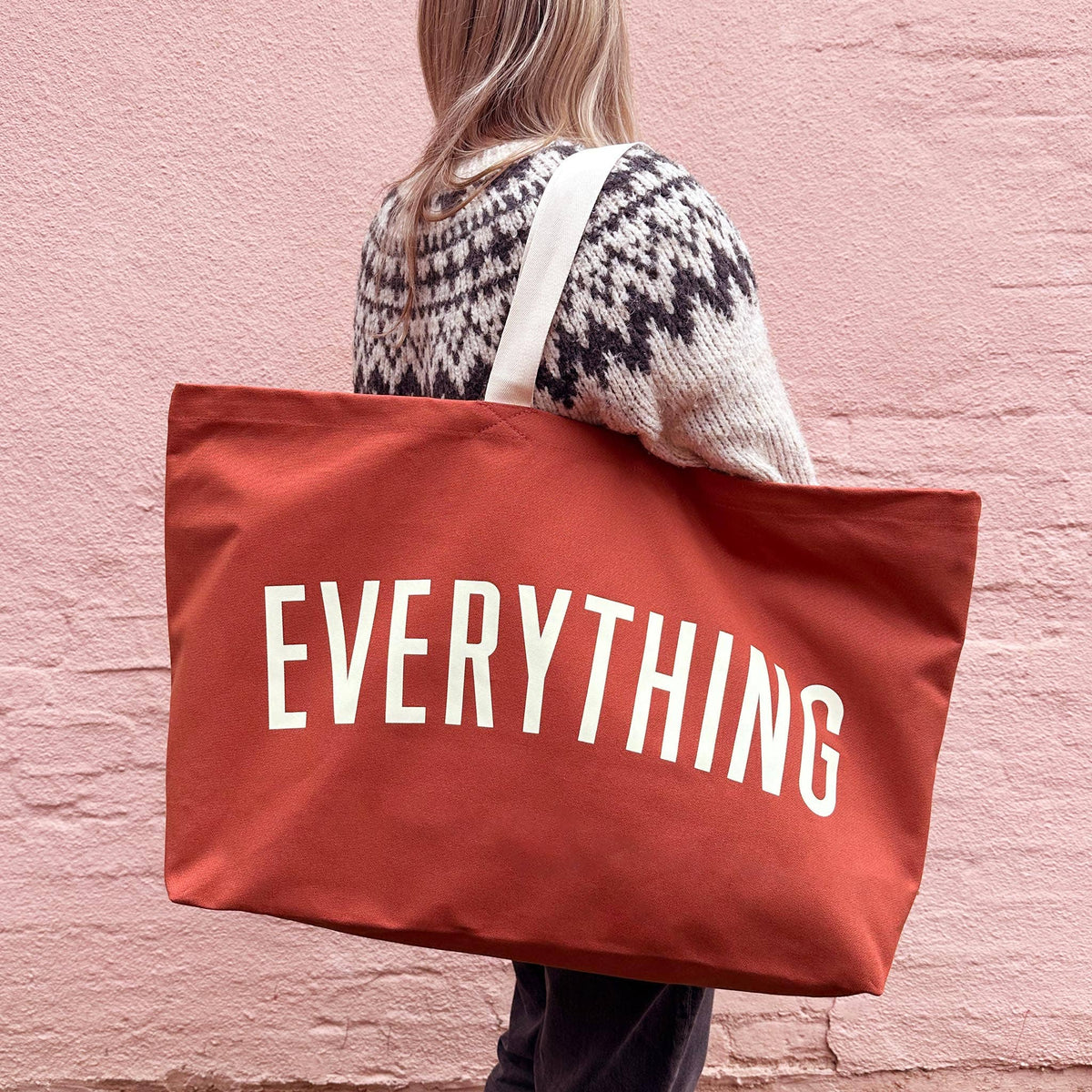 Rust Really Big Bag with ‘Everything’ Text on a Pink Background