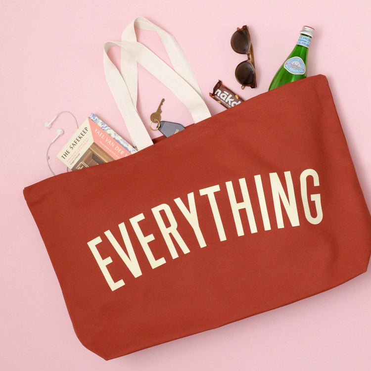 Rust Really Big Bag with ‘Everything’ Text on a Pink Background