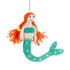 Mermaid ornament with orange hair and green tail on a white background