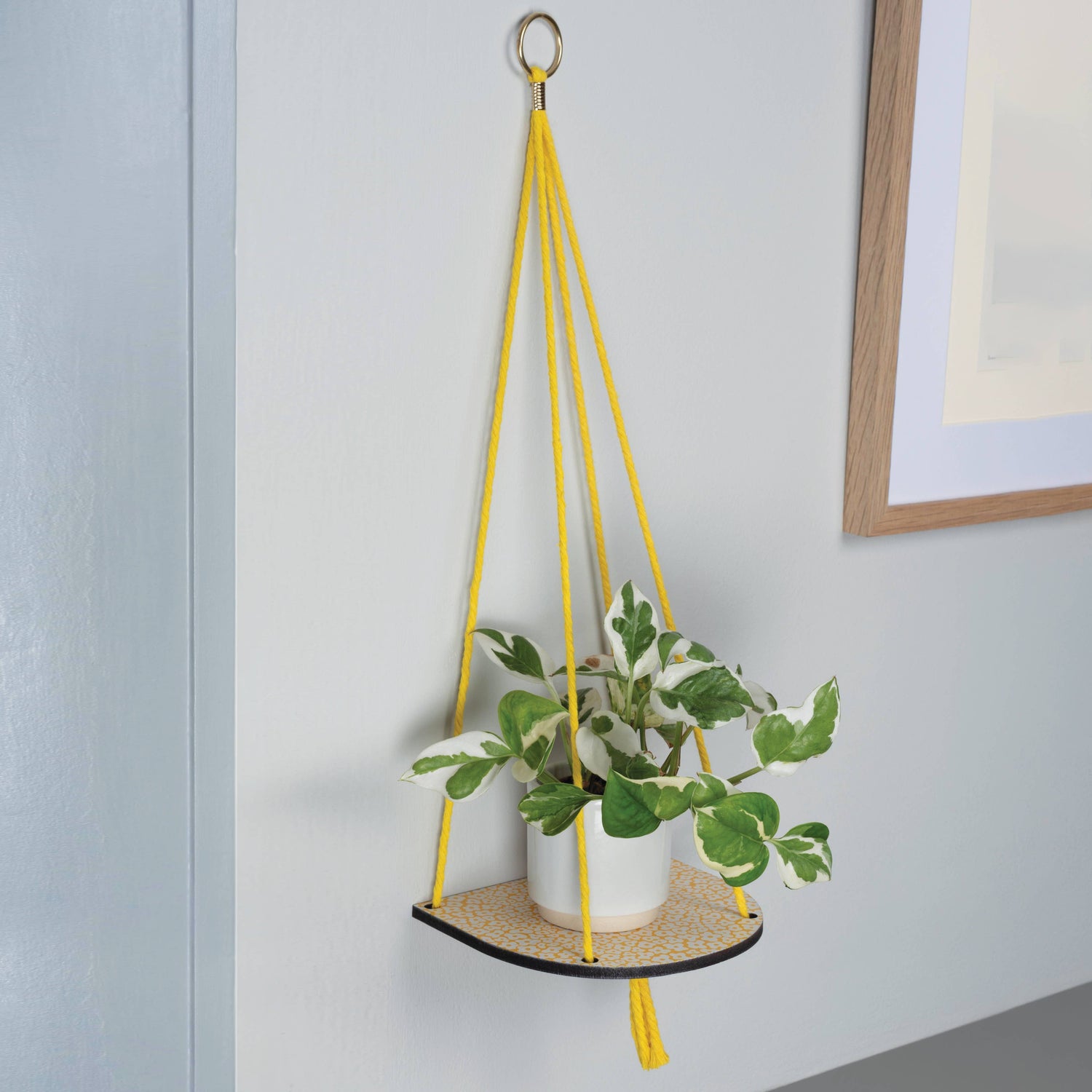 Hanging macrame plant shelf that rests nearly against the wall. Yellow and white floral print with colourful twine, brass plated hoops and crimp bars. Made in England. 